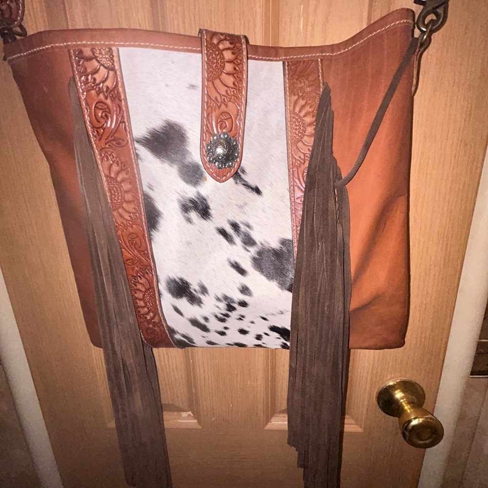 Myra Brown and White Leather Tote Bag